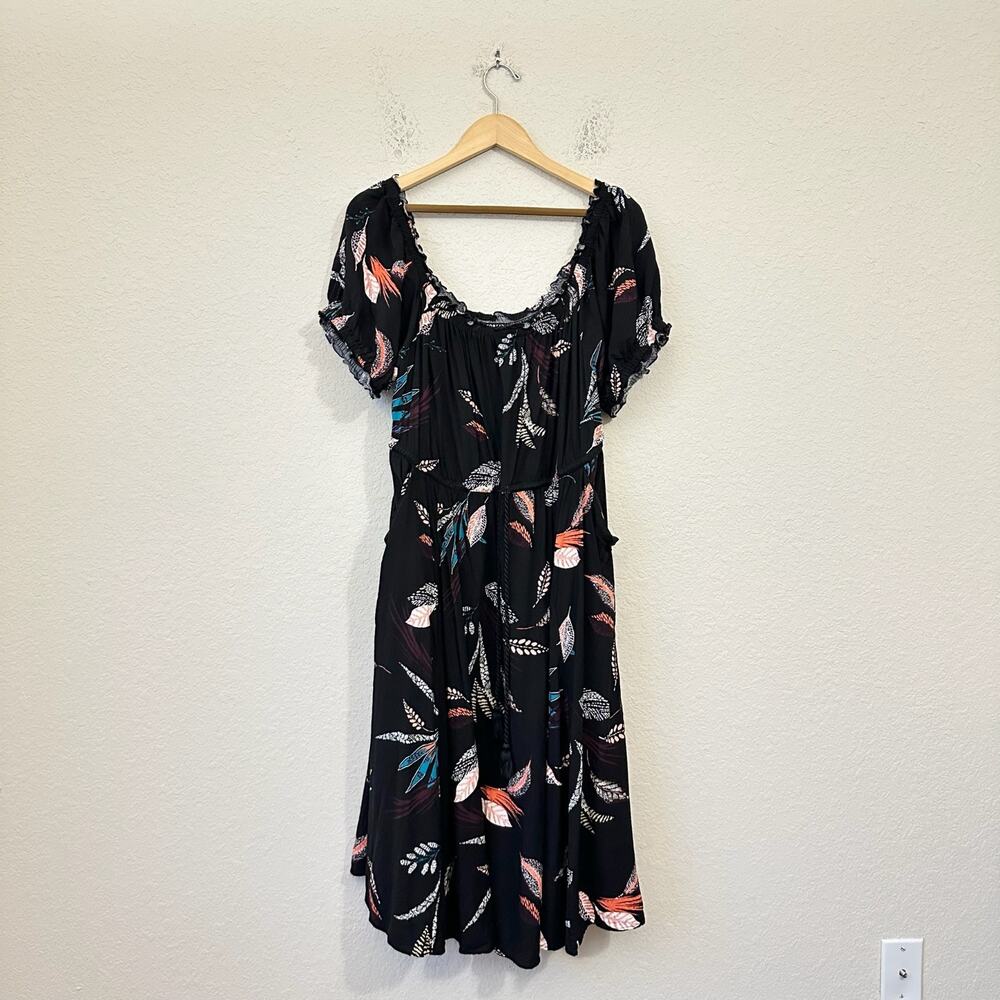 TORRID Midi Challis Dress Black Leaves Puff Sleeve Tasseled Whimsigoth